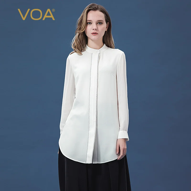 

VOA Silk elastic force Repeat Pure white Standing collar Single-breasted splice Long sleeve Simple atmosphere Loose shirt B971