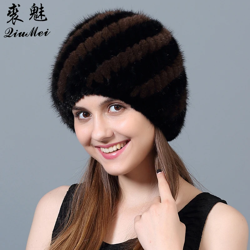

QiuMei Women Winter Beanies Real Mink Fur Hat Striped Knitted Caps Female Russian Hat Women's Fur Warm Lining Beanies Hat 2018