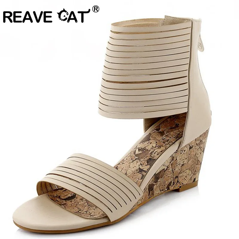 

REAVE CAT New fashion brand Summer style Ladies Woman sandals Wedges Zipper Solid PU Beige Black Sweets Party shoes QL5325