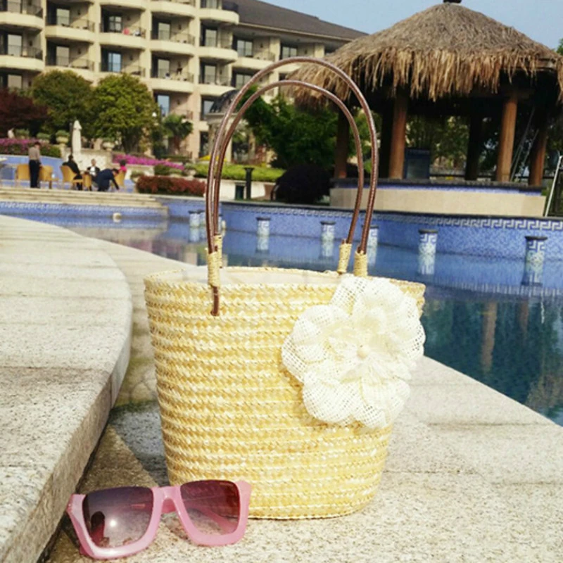 

2019 New Hot Candy Color Big Flower Hand Held Straw Woven Bag Women'ssweet Lady Wind Pure Hand Woven Bag Beach Bag Female Tide