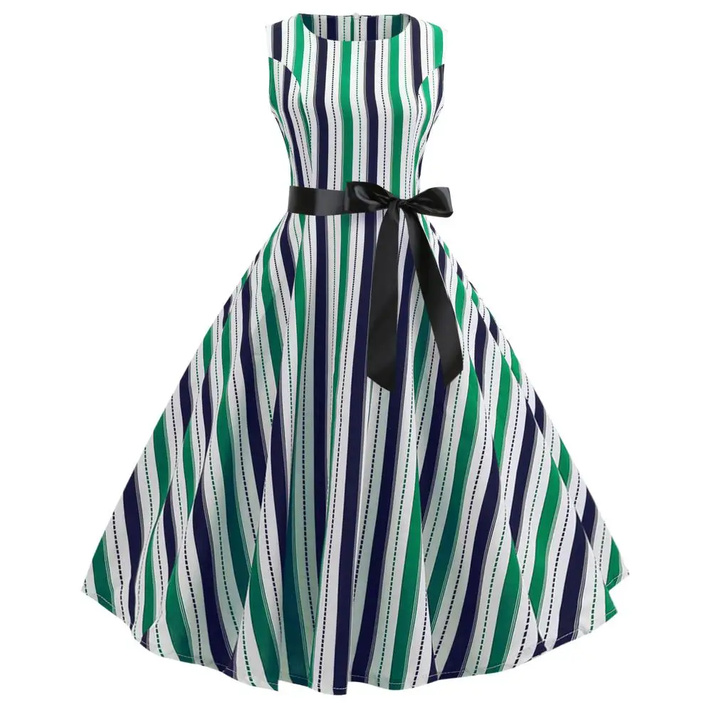 

2019 hot style Hepburn wind restoring ancient ways to receive show thin waist posed dress send printing rib striped bodycon