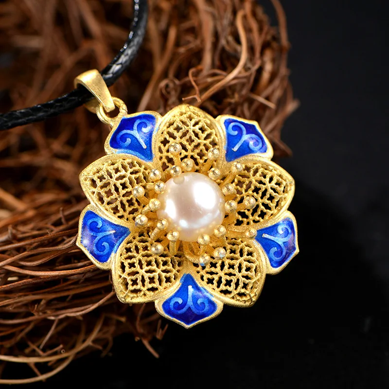 

Retro Thai Silver Jewelry S925 Sterling Silver Cloisonne Natural Freshwater Pearl Flower Pendant Craft Women Pendant Wholesale