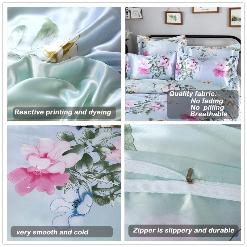 Bonenjoy الحرير الحرير أغطية سرير الصين الحرير الفراش مجموعات الملكة الملك حجم الأزهار لحاف مطبوع غطاء التوأم Bedcloth الصيف ملاءات السرير