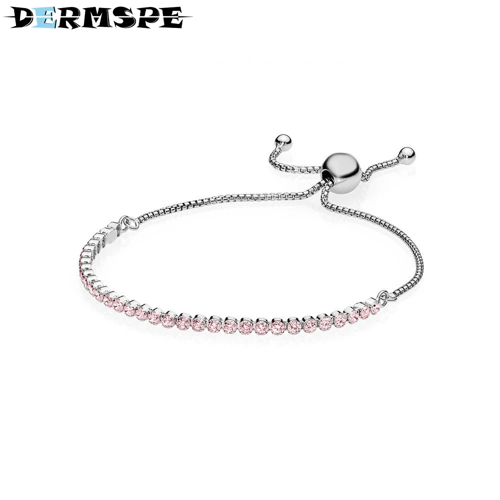 

DERMSPE 925 Sterling Silver Pink Sparkling Strand Bracelet, CZ Fit Charms Women Fashion Gift Merry Christmas Jewelry