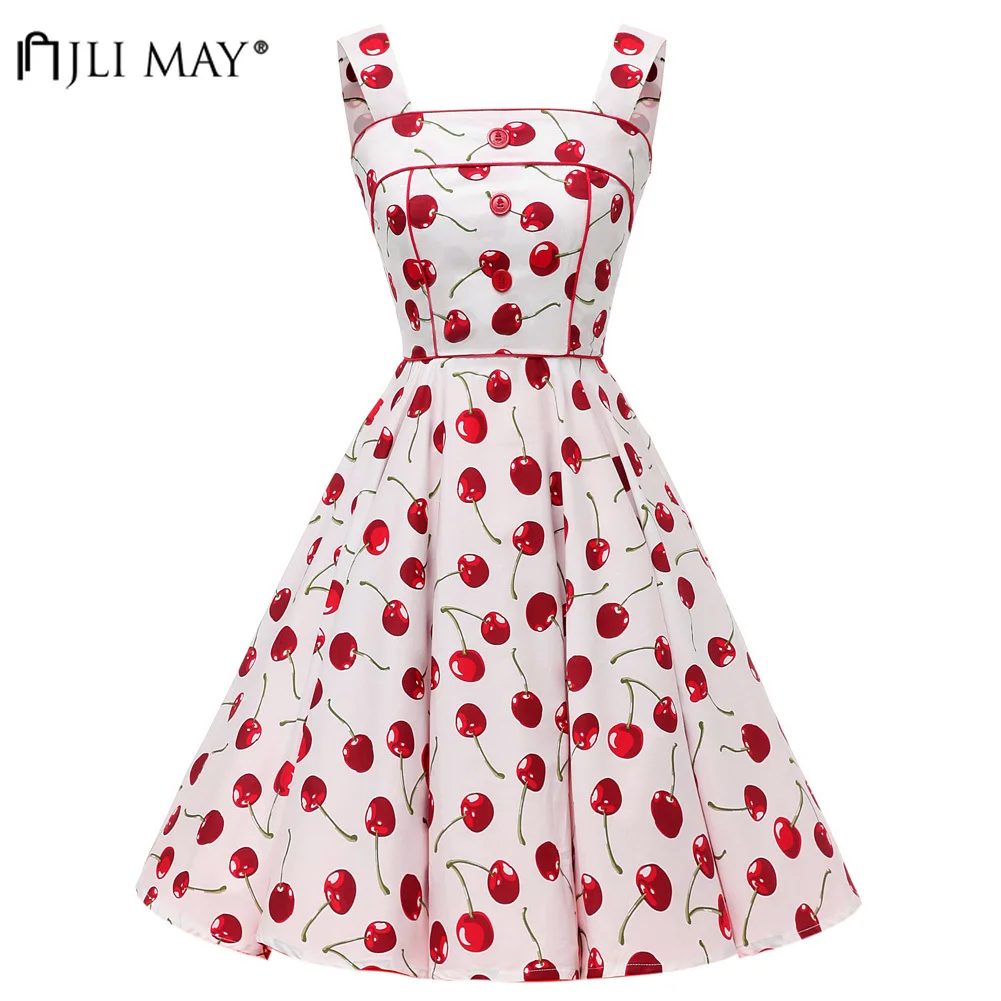 

JLI MAY Vintage 50s cherry Print Dress Party Women Elegant Hepburn Retro Sleeveless Midi Button Tank Summer sundress Evening