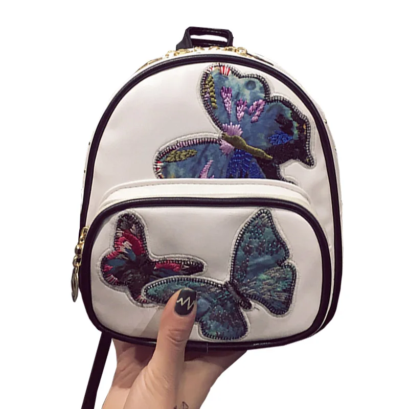 Small Butterfly Embroidery Backpack For Girl 2017 Vintage PU Leather School Bag Women Backpacks Mochila Female