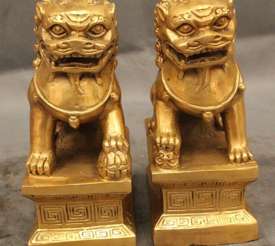 

6" Chinese Folk Feng Shui Brass Foo Fu Dog Guardion Lion Son Ball Statue Pair