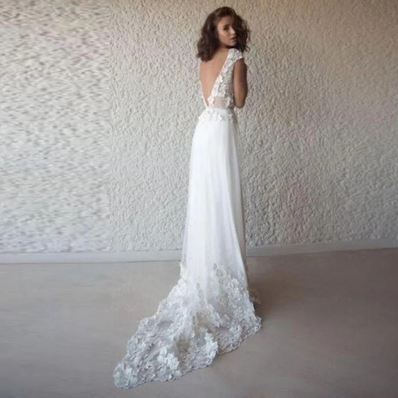 White Appliques Lace V Neck Long Backless Boho Beach Wedding Dress