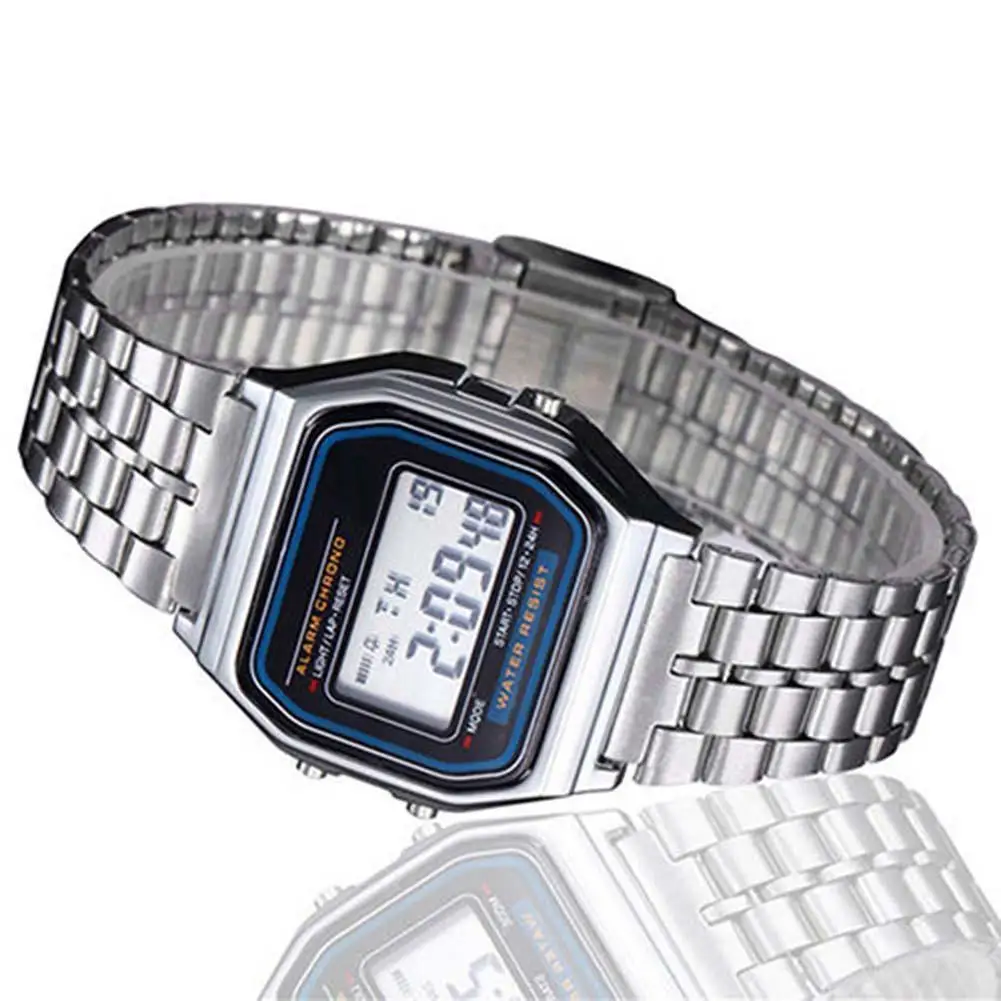 

Alipower Vintage Womens Men Stainless Steel Digital Alarm Stopwatch Wrist Watch Men's Retro Electronic Relogio Masculino Femme