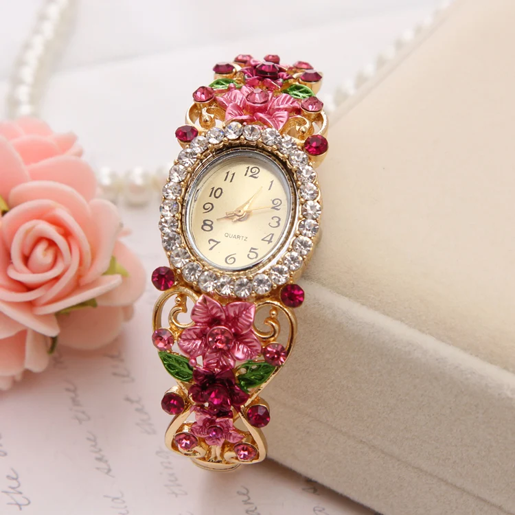 Роскошные часы-браслет, женские браслеты с кристаллами и цветами, женский прекрасный подарок, кварцевые часы, позолоченные наручные часы с манжетами