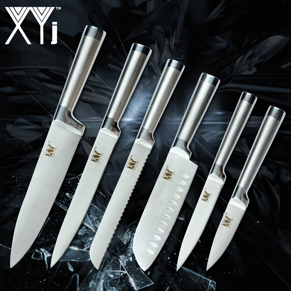 

XYj Stainless Steel Kitchen Knife Set 8'' Chef 8'' Slicing 8'' Bread 7'' Santoku 5'' Utility 3.5'' Paring Knives Cooking Tools