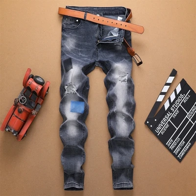 Модные новые мужские джинсовые брюки с вышитыми дырками, мужские повседневные облегающие джинсы с заплатками, прямые поставки - Цвет: Синий