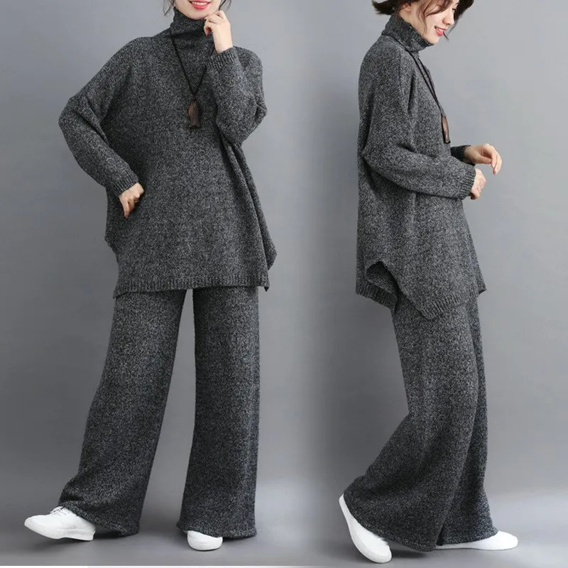Женские комплекты из 2 предметов, Повседневные вязаные свитера с высоким воротом, пуловеры и широкие брючные костюмы размера плюс, новинка