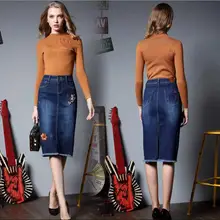 Женская летняя Весенняя новая вышитая винтажная длинная прямая джинсовая юбка с рисунком женская элегантная для работы в офисе Джинсовая Юбка До Колена