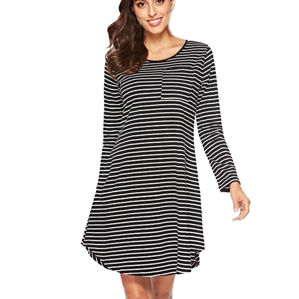 

dresses woman 2018 Fashion Women Dress Long Sleeve O Neck Striped Casual Evening Party Dress dress Vestidos De Festa