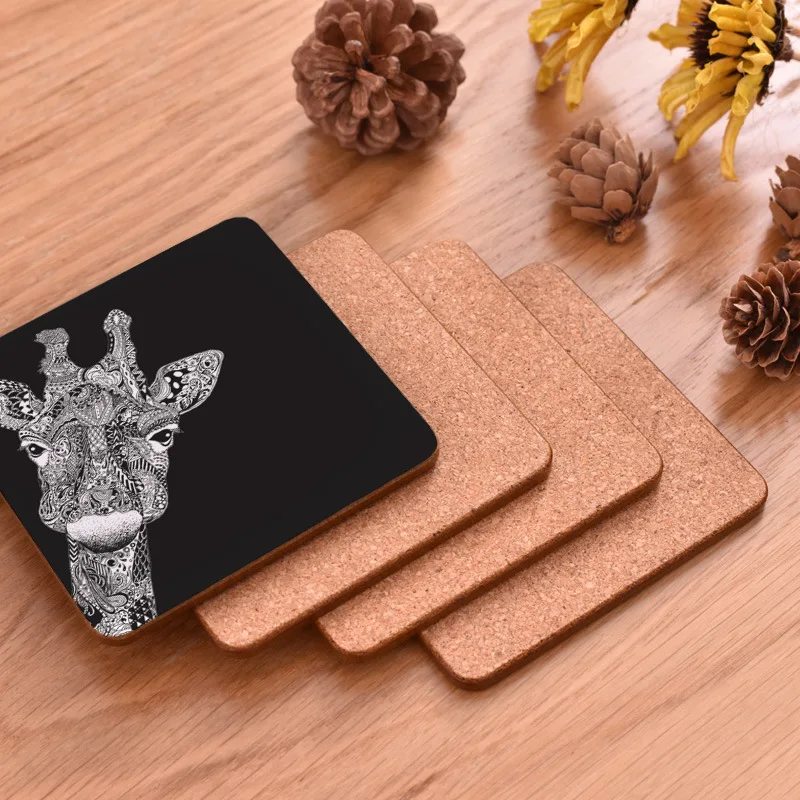 Square Wooden Table Coasters Hot Pad Cork Animal Table Mat Round Placemat Dining Table Mats Kitchen Accessories Decoration Home