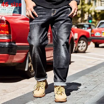 

Man plus size 46 44 42 40 38 36 stretch bleached cat whisker black jeans big size baggy leg embroidery trousers