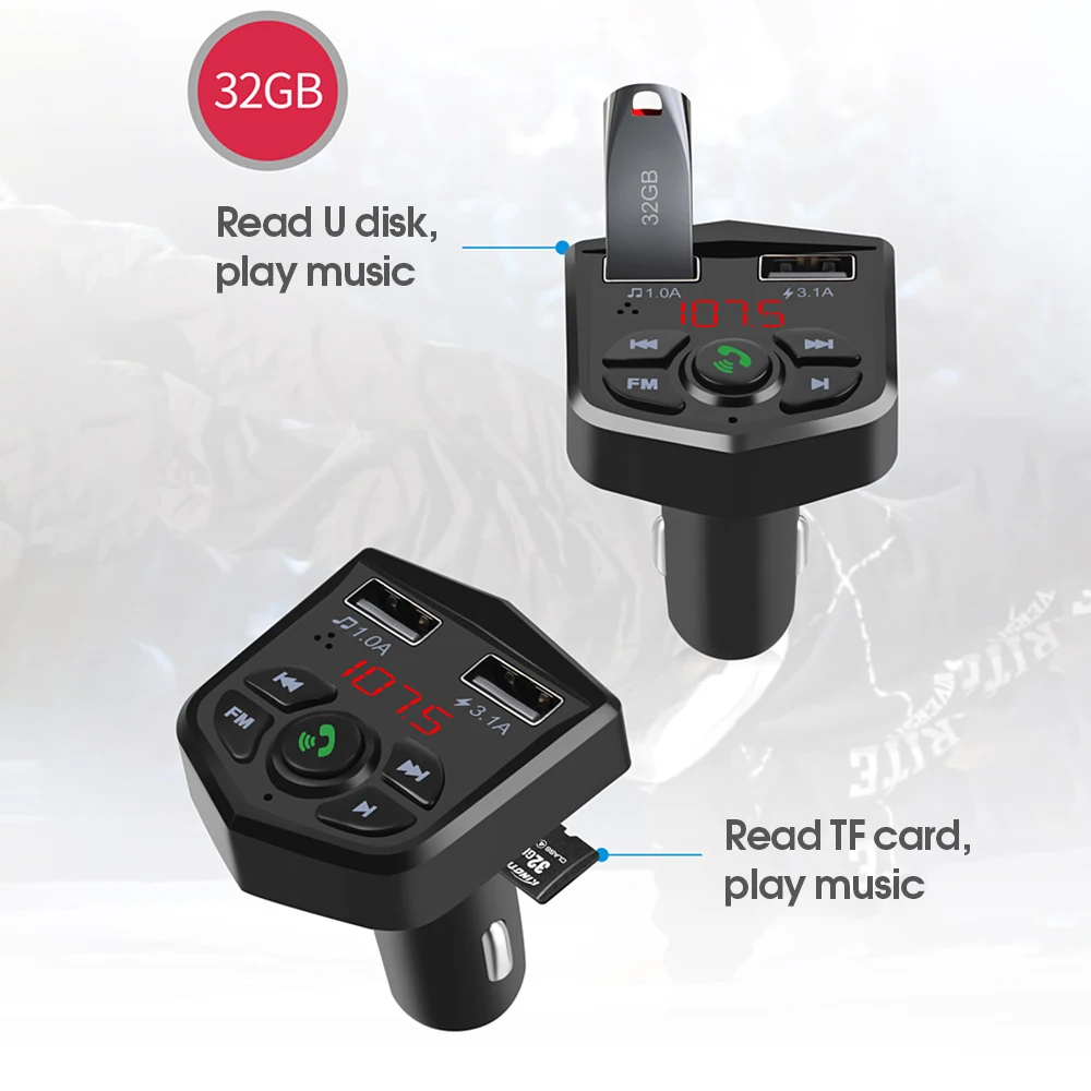 Bluetooth 5.0 Voltage Digital display Car FM Transmitter handsfree dual 2 USB phone Charger 3.1A 1A TF Card U disk MP3 player