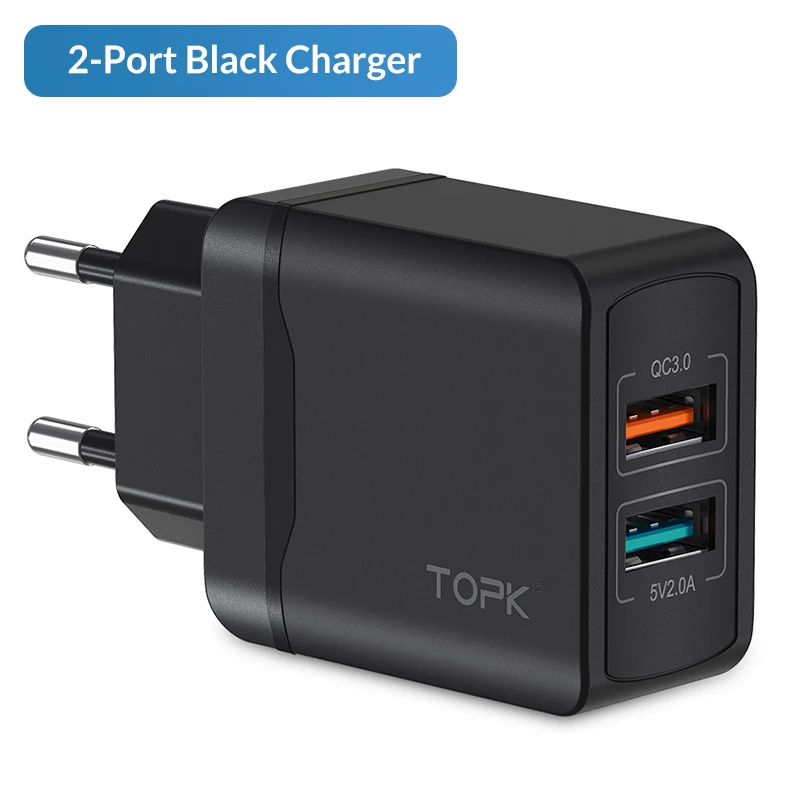 TOPK Quick Charge 3,0 USB зарядное устройство для samsung S10 S9 Xiaomi mi 9 Red mi Note 7 Быстрая зарядка QC 3,0 EU дорожное настенное зарядное устройство для мобильного телефона - Тип штекера: 2 Ports Black Charge