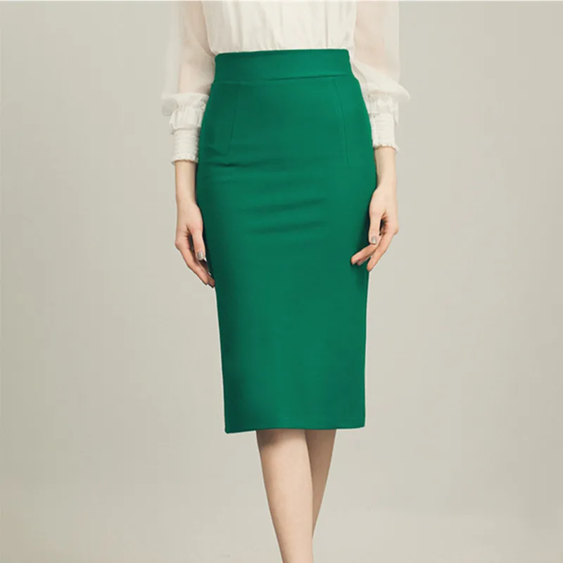 Fashion Woman High Elastic Pencil Working Skirts Black Long Solid
