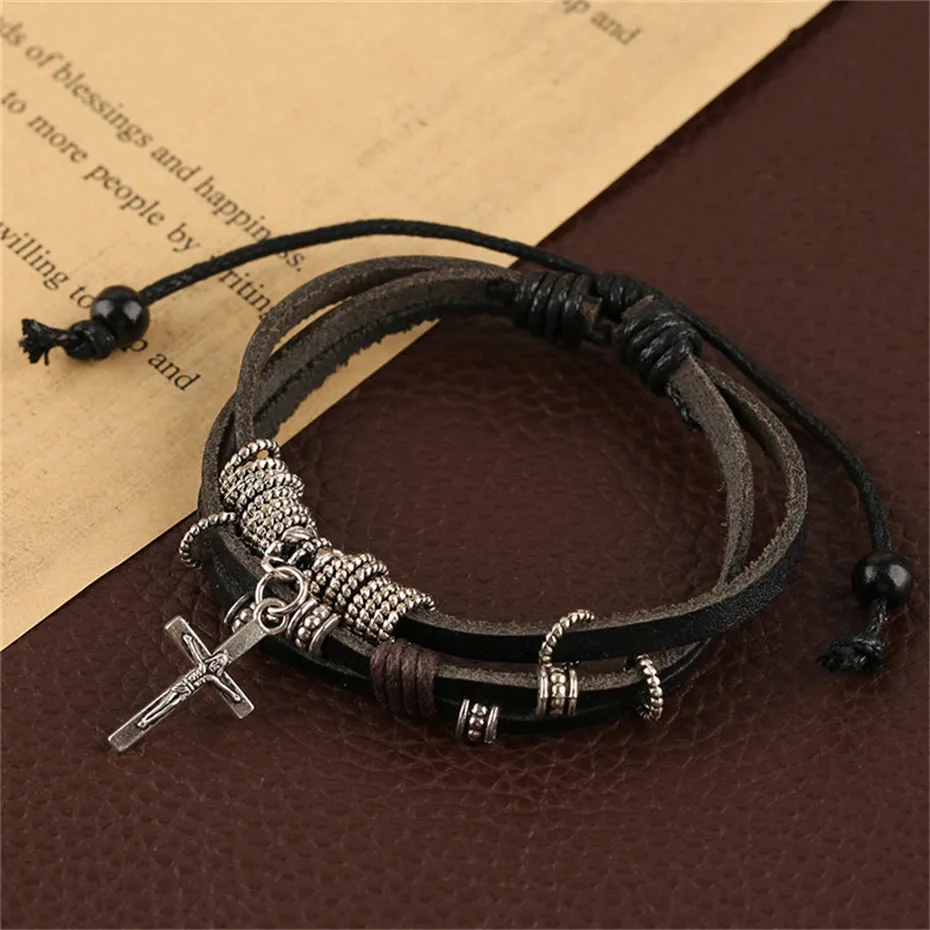 Punk Style Cool Cross Multilayer Women Men Bracelets Vintage Hand-woven Stylish Jewelry Fashion Charm Leather Bangle (12)