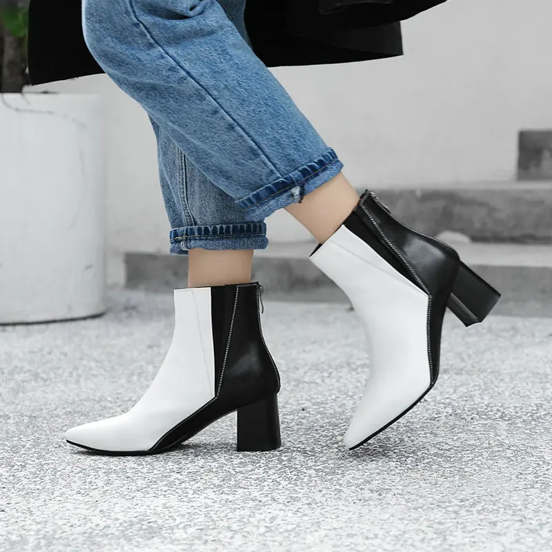 

Women Cow Leather Ankle Boots Thick High Heel Fashion Pointed Toe Zipper Boots Autumn Winter Woman Shoes Black Apricot