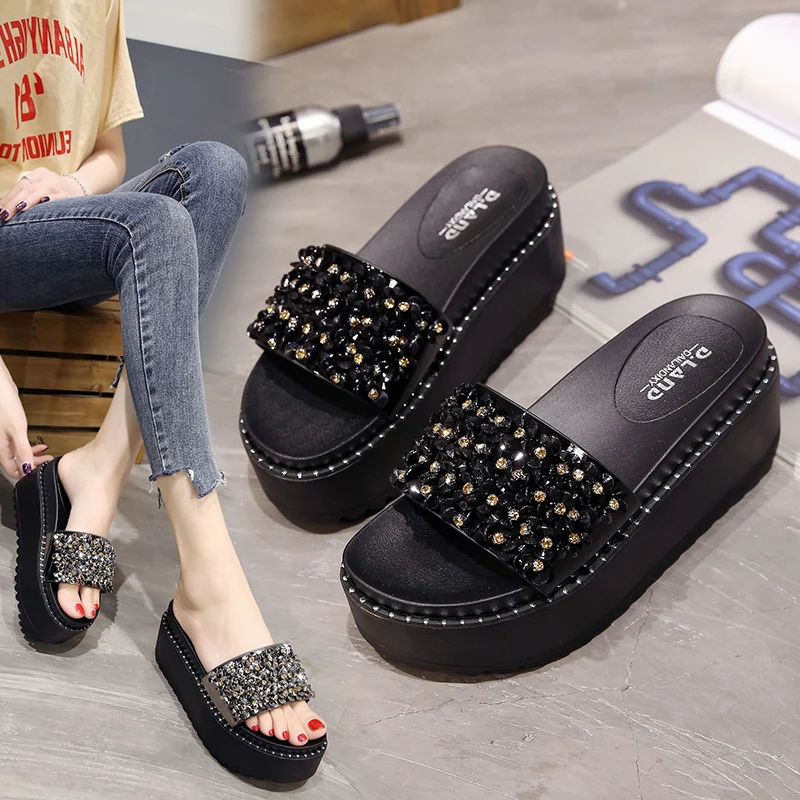

beach slippers female clogs platform with rhinestones slides sandal babouche summer ladies flat string new 2019 outside Rubber