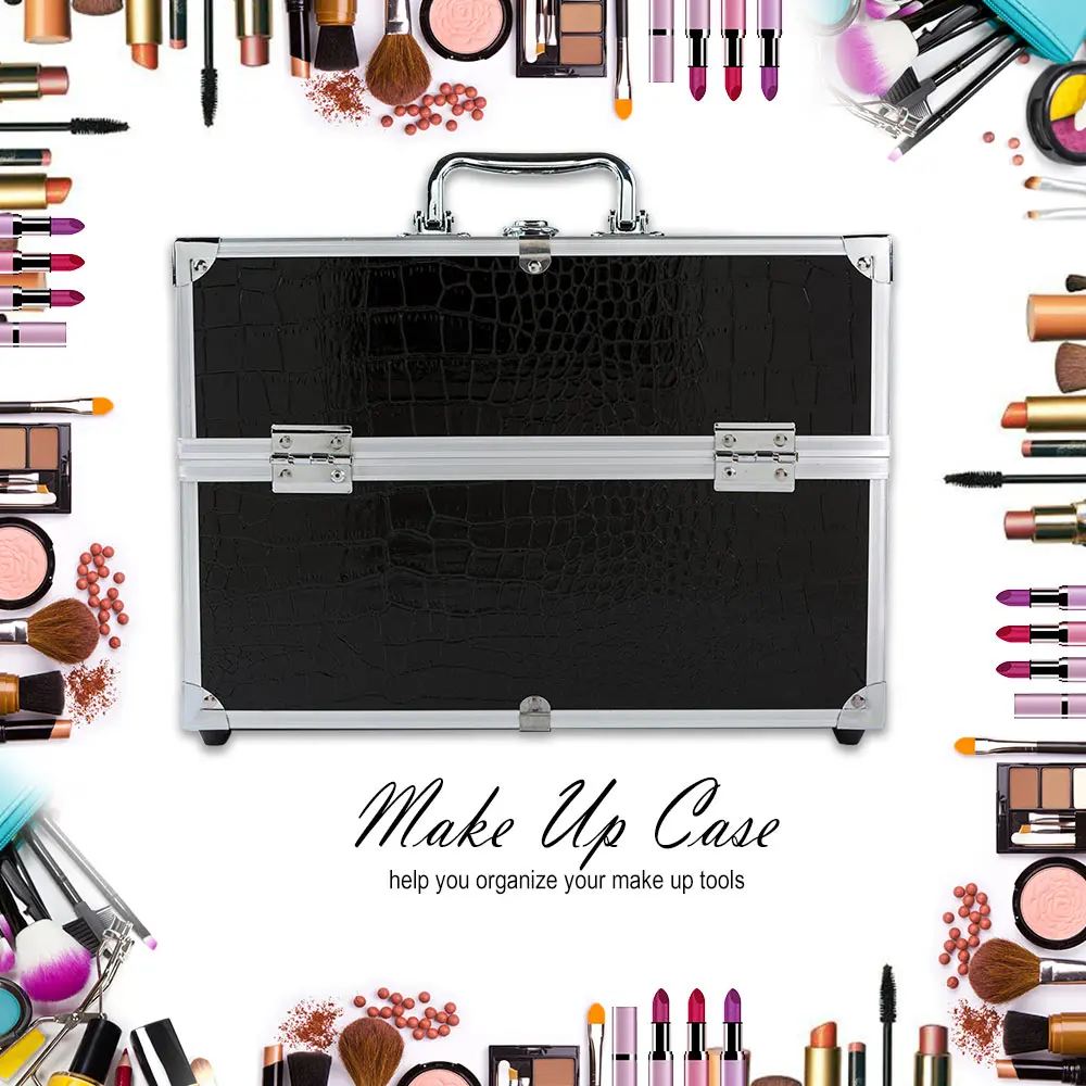 3 Layer Professional Make Up Case Cosmetic Organizer Box Lockable Black