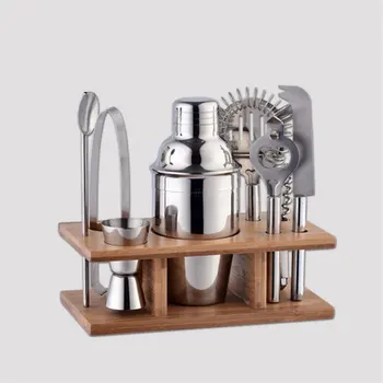 

8pcs Stainless Steel Cocktail Shaker Set Jigger Mixing Spoon Tong Barware Bartender Tools w/Wood Storage Stand Bars Mixed Drinks