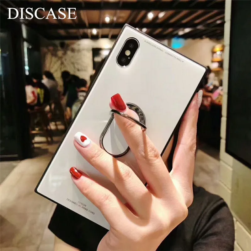 

Fashion Square Tempered Glass Shell Phone Case For iphone X 8 7 6 6s plus Classic Ring Rotatable Simple English Word Candy Color