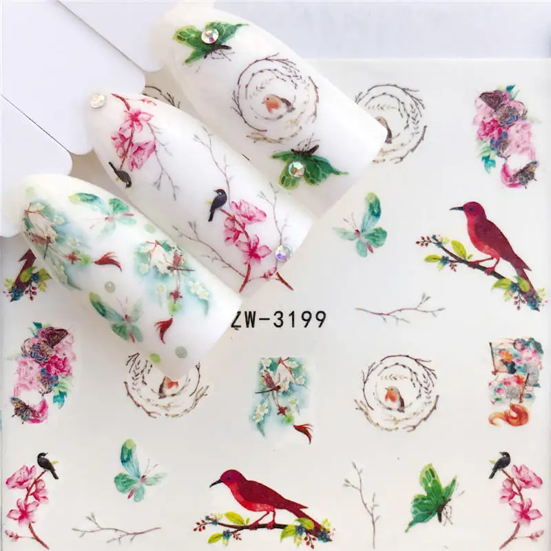 

YZWLE 1 Sheets Nail Art Sticker Flower Cartoon Water Transfers Decals Bird Pattern Design Watermark Slider Decoration