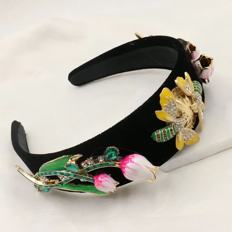 

New Catwalk Velvet Tulip Flower Baroque Headband Bee Crystal Queen Crown Headwear For Women Charm Tiara Wedding party Jewelry