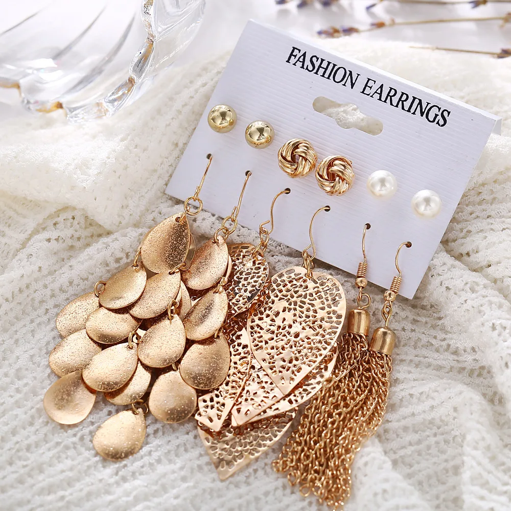 

6Pairs oorbellen Vintage Earring Set For Women Gold Feather Scale Tassel Earrings Hollow Leaf Drop Earrings Fashion Jewelry