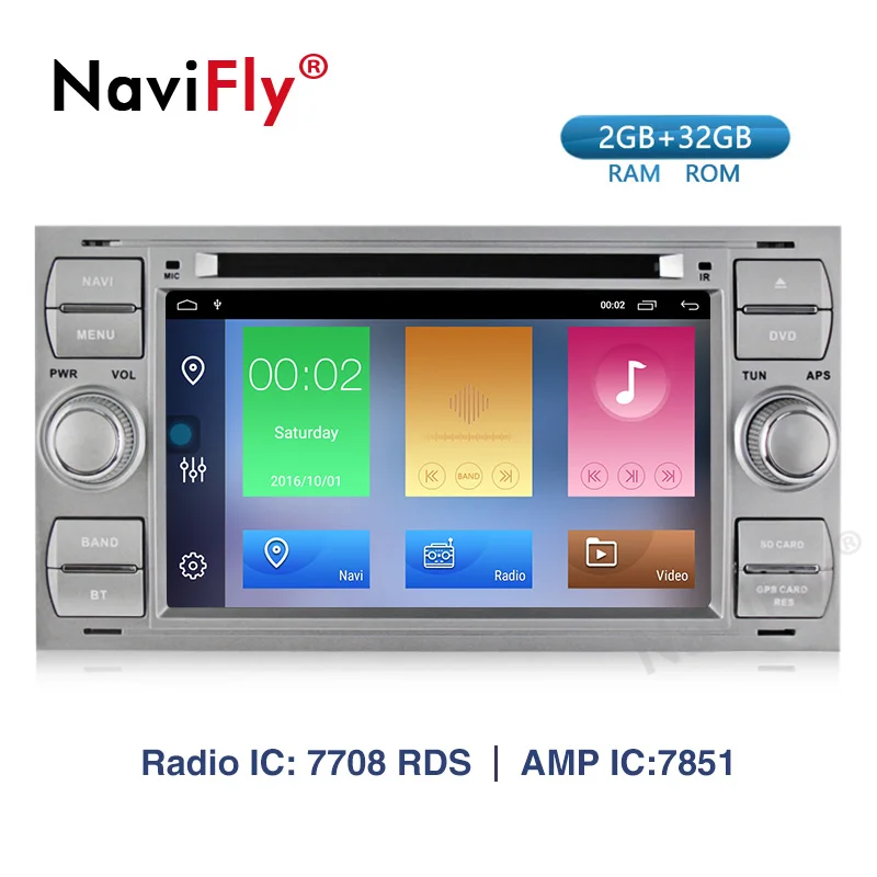 Top NaviFly 2 Din Car dvd Radio GPS navigation for Ford/Mondeo/Focus/Transit/C-MAX Android 9.1 Quad Core 2G RAM 7708 IC WIFI BT RDS 2