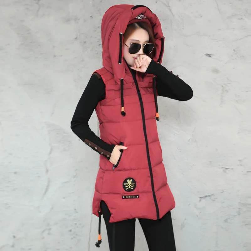 Fashion Winter Women Vest Warm Down Cotton Vests Coat Hooded Woman Vests Long Cotton Padded