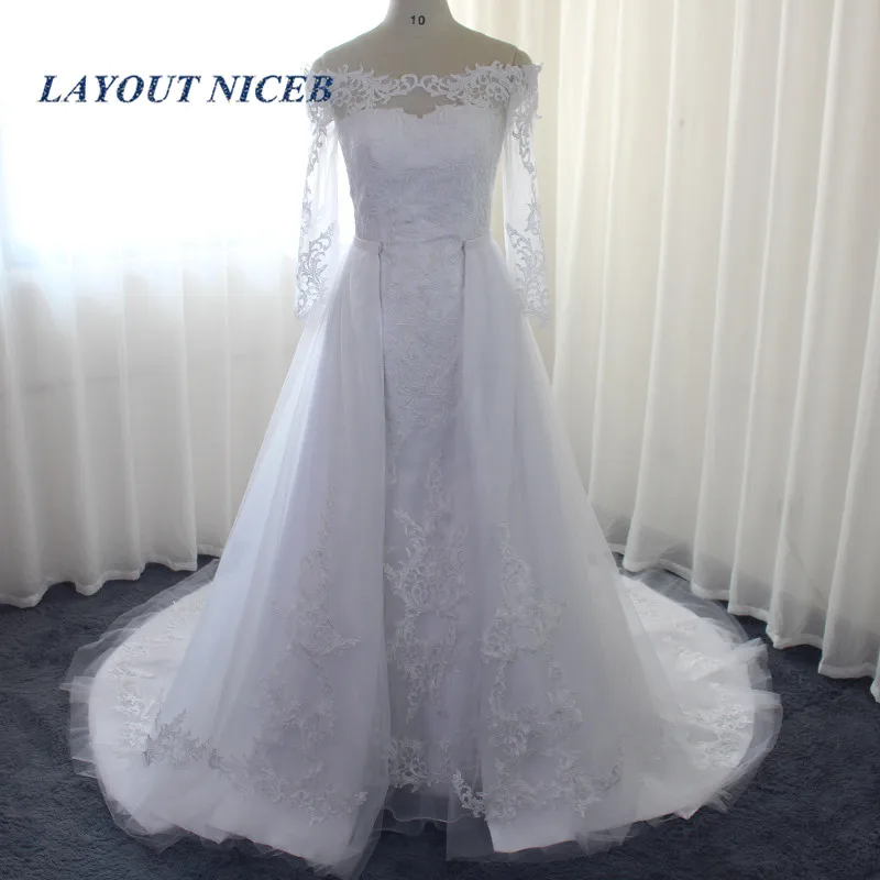 

Lux Lace Applique Mermaid Wedding Dress With Detachable skirt vestido de noiva Off The shoulder Saudi Arabia Bridal Dress Gowns