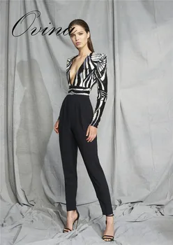 

Black Long Sleeve V Neck Sequins Full Length Bodycon Autumn Jumpsuit Womens Rompers Jumpsuits