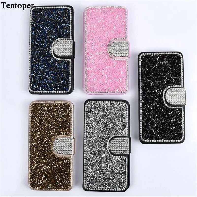 

Bling Diamond Leather Case For Samsung S9 S8 Plus S7 Note8 Silk Pattern Flip Stand Wallet Cover For iphone X 8 7 6 Plus5 se Girl