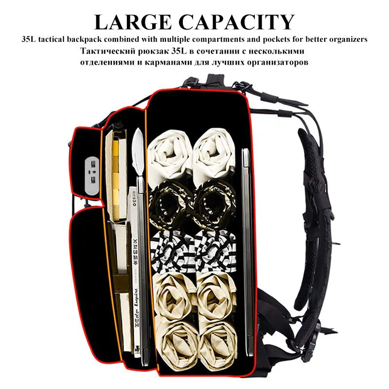 Tactical Military Backpack 3P Outdoor Waterproof Camping Trekking Bags 35L Capacity Rucksack Hiking