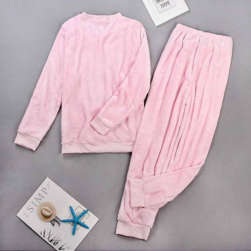 Для женщин пижамы осень-зима пижамный комплект Для женщин Пижама с длинными рукавами фланель теплые милые топы + штаны Пижама женский