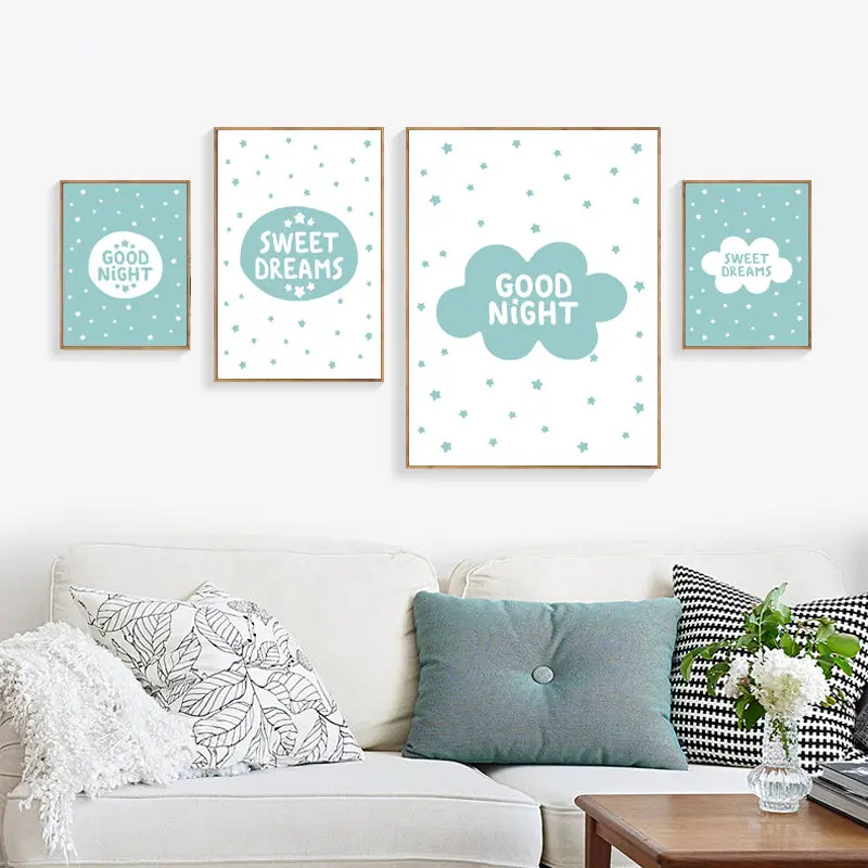 

Nordic Wall Art Pictures for Children Room Home Decor English Quote Cartoon Canvas Painting Sweet Dreams Posters Prints DH2490