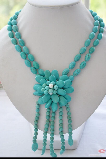 

Wholesale free shipping 100% Natural jewelry >2row 18" blue rice round turquoise bead flower necklace