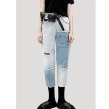 Новинка,, женские Необычные пэчворк с высокой талией, джинсовые штаны-шаровары, повседневные джинсы на пуговицах, студенческие модные повседневные