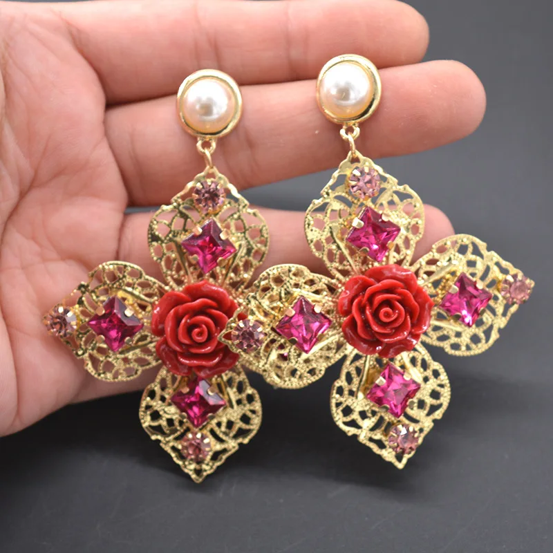 

2018 New vintage Crystal Flower Dangle Earrings Red Crystal Cross Drop Earring Jewelry Cuz Earring