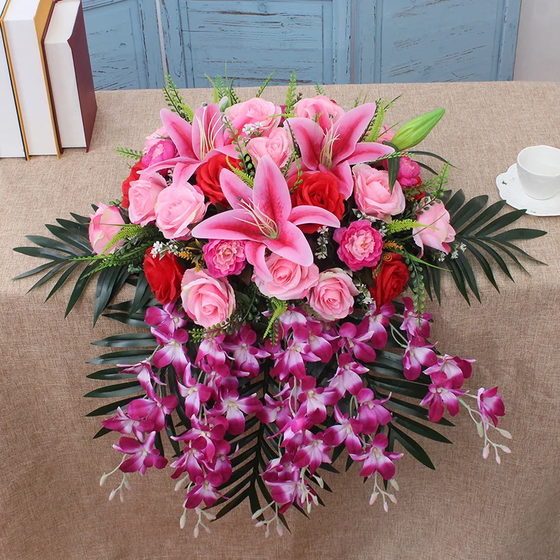 JAROWN Podium Bouquet Meeting Table Flower Business Artificial Fake Rose Lily Flowers Wedding Party Decor Rostrum Front Desk Put (12)