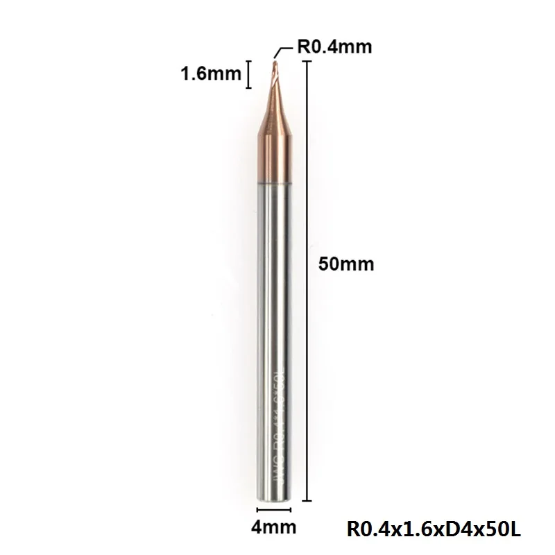 1 шт. 0,1-0,45 мм микро сферическая Концевая фреза 2 флейты Вольфрамовая сталь ЧПУ фреза с покрытием TiCN фреза - Длина режущей кромки: R0.4xD4x50L