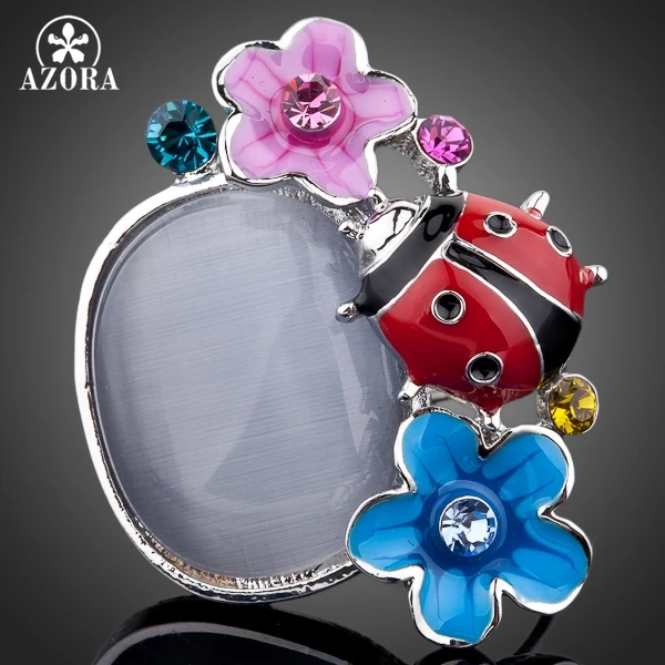 

AZORA The Lady Beetle and Flowers White Gold Color Stellux Austrian Crystal Adjustable Size Ring TR0060
