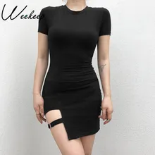 Weekeep женское сексуальное облегающее черное платье летнее Хлопковое платье с коротким рукавом и круглым вырезом Клубная одежда Мини платье Vestidos Verano