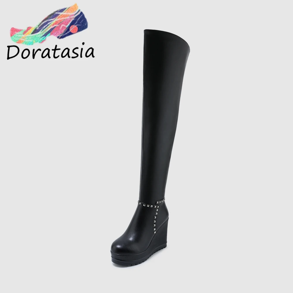 

DORATASIA Cow Leather Hot Winter Boots Woman Shoes Women Zipper Wedge High Heels Platform Add Fur Over The Knee Boots Female
