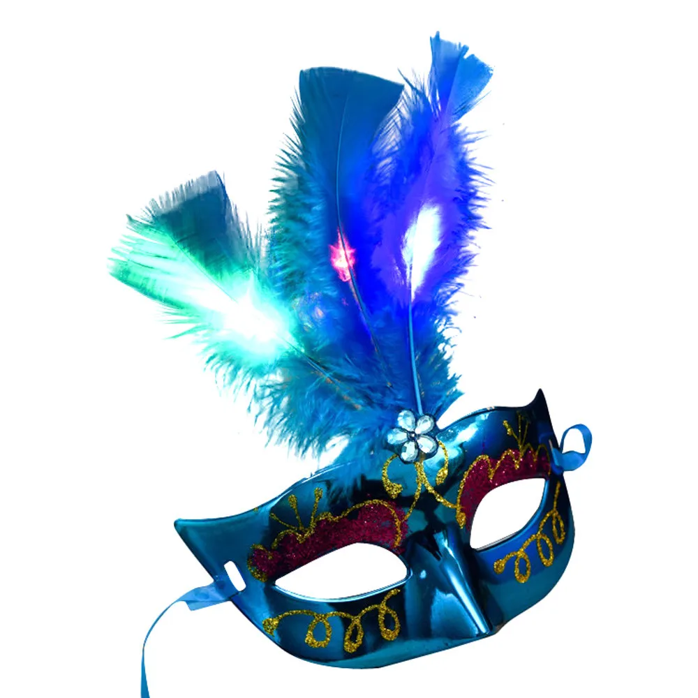 Женский Венецианский светодиодный маскарадный костюм, Вечерние Маски принцессы с перьями, 1A6 - Цвет: Синий